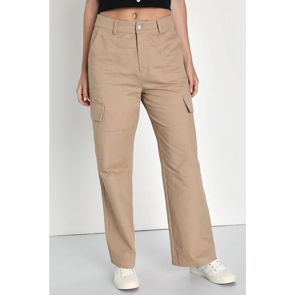 Lulus Wide-Leg Cargo Pants Women's X-Large Tan High-Rise Zip Fly Belt Loops NWT - Picture 1 of 11